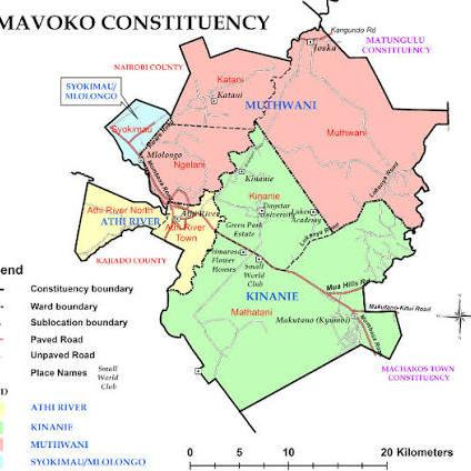 Map of Mavoko Constituency showing Athi River, Kinanie, Muthwani and Syokimau/Mlolongo wards